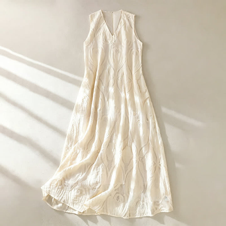 Buddha Stones Summer Elegant Casual Minimalist Lines Solid V-Neck Women's Summer Sleeveless Dress With Pockets - Beige - US8-10, UK/AU12-14, EU40-42 (2XL) - image 0