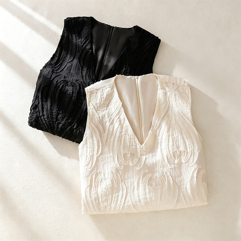 Buddha Stones Summer Elegant Casual Minimalist Lines Solid V-Neck Women's Summer Sleeveless Dress With Pockets - image 18