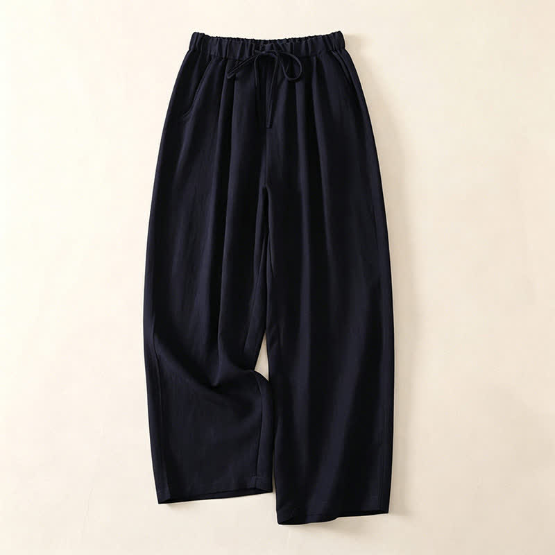 Buddha Stones Summer Casual Drawstring Solid Cropped Pants Women's Wide Leg Pants With Pocket - MidnightBlue - US12, UK/AU16, EU44 (3XL) - image 5