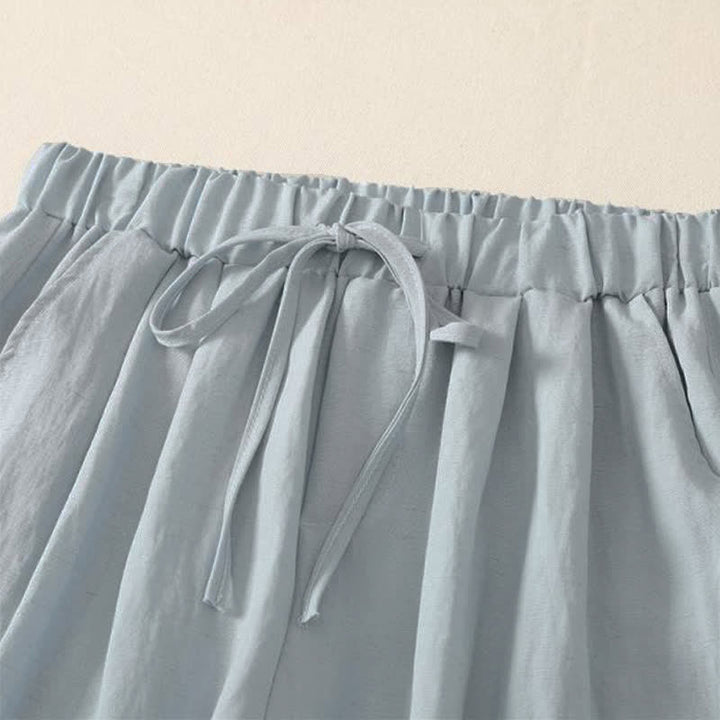 Buddha Stones Summer Casual Drawstring Solid Cropped Pants Women's Wide Leg Pants With Pocket - image 1