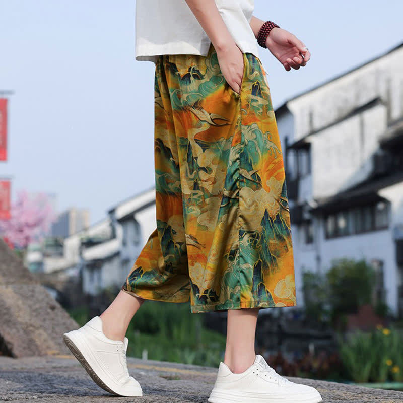 Buddha Stones Summer Vintage Casual Drawstring Crane Print Men's Cropped Pants With Pocket - image 15