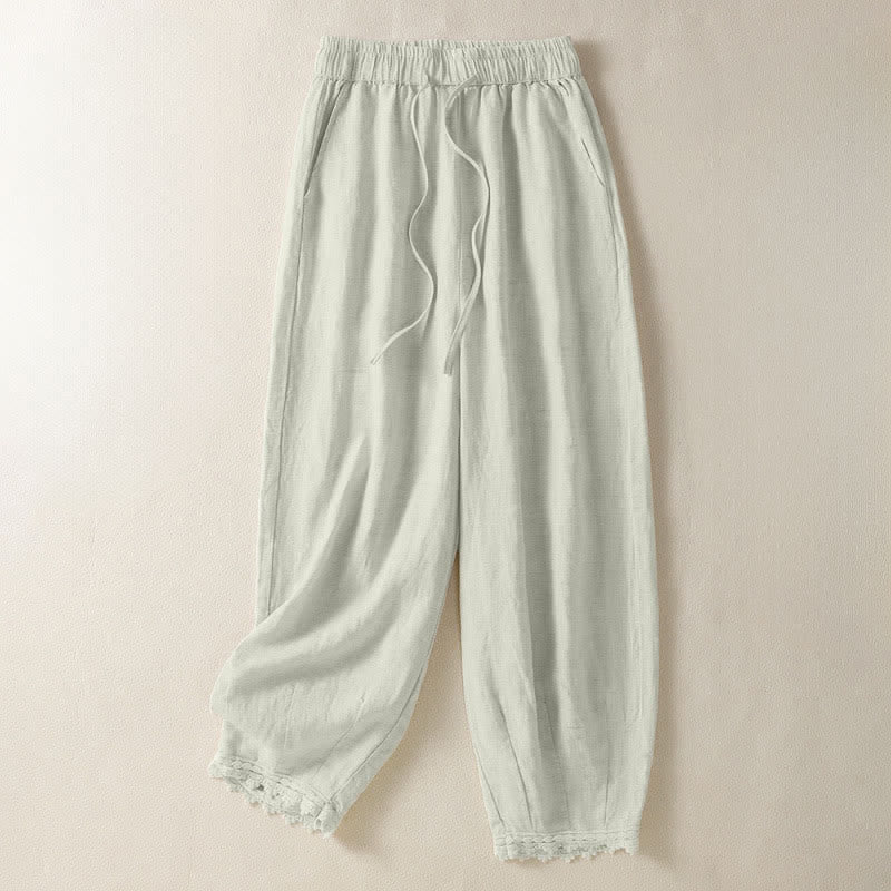Buddha Stones Summer Casual Boho Drawstring Solid Cropped Pants Ramie Women's Harem Pants With Pockets - Beige - US8-10, UK/AU12-14, EU40-42 (2XL) - image 0