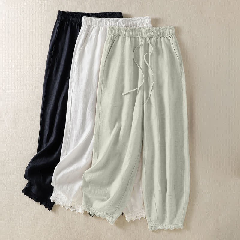 Buddha Stones Summer Casual Boho Drawstring Solid Cropped Pants Ramie Women's Harem Pants With Pockets - image 28