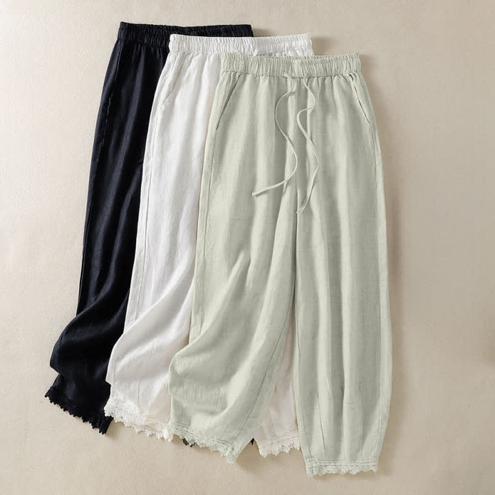 Buddha Stones Summer Casual Boho Drawstring Solid Cropped Pants Ramie Women's Harem Pants With Pockets - image 28