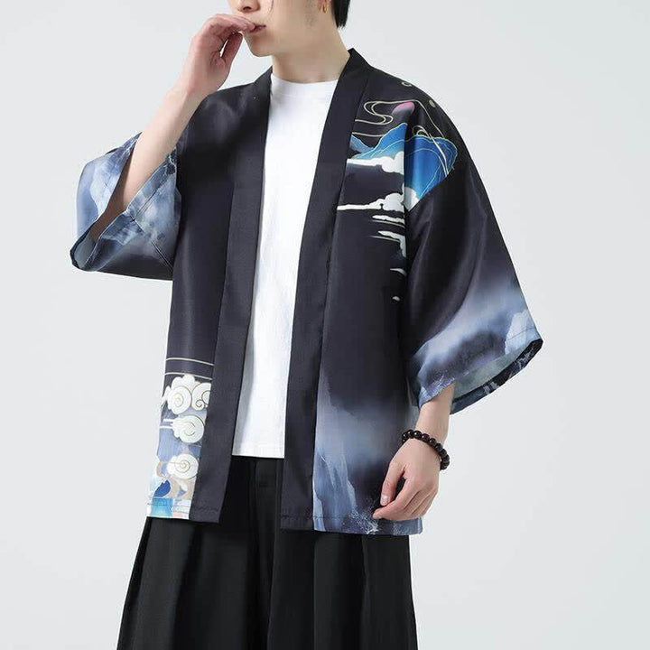 Buddha Stones Summer Casual Vintage Crane Print Men's Kimonos - image 1
