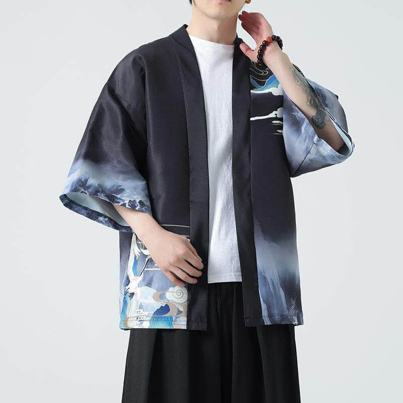 Buddha Stones Summer Casual Vintage Crane Print Men's Kimonos - image 2