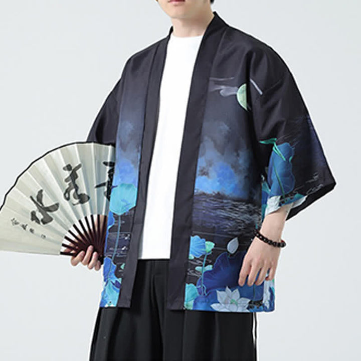 Buddha Stones Summer Casual Vintage Crane Print Men's Kimonos - Lotus - US/UK/AU48, EU58 (5XL) - image 37