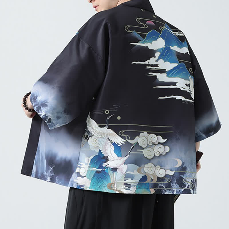 Buddha Stones Summer Casual Vintage Crane Print Men's Kimonos - image 7