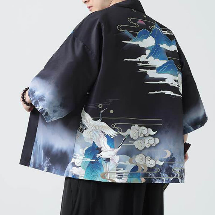 Buddha Stones Summer Casual Vintage Crane Print Men's Kimonos - image 8