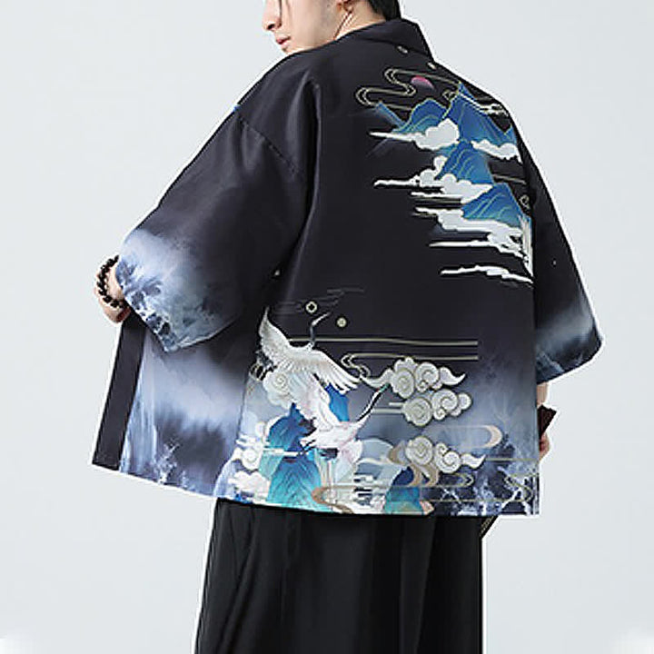 Buddha Stones Summer Casual Vintage Crane Print Men's Kimonos - image 3