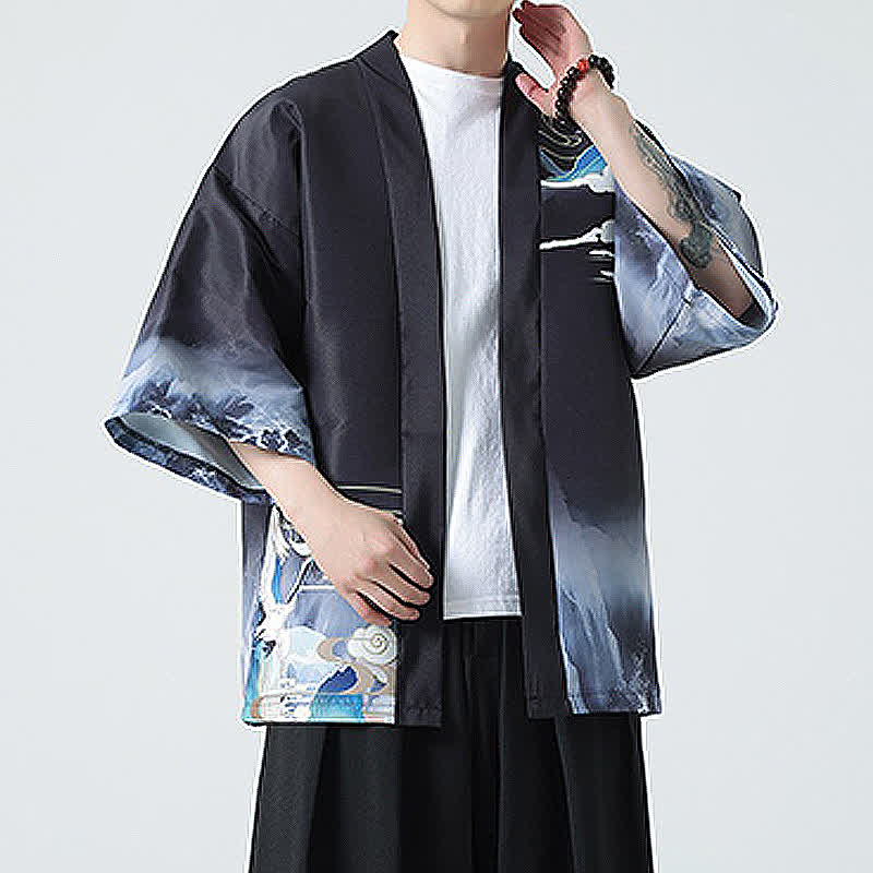 Buddha Stones Summer Casual Vintage Crane Print Men's Kimonos - image 22