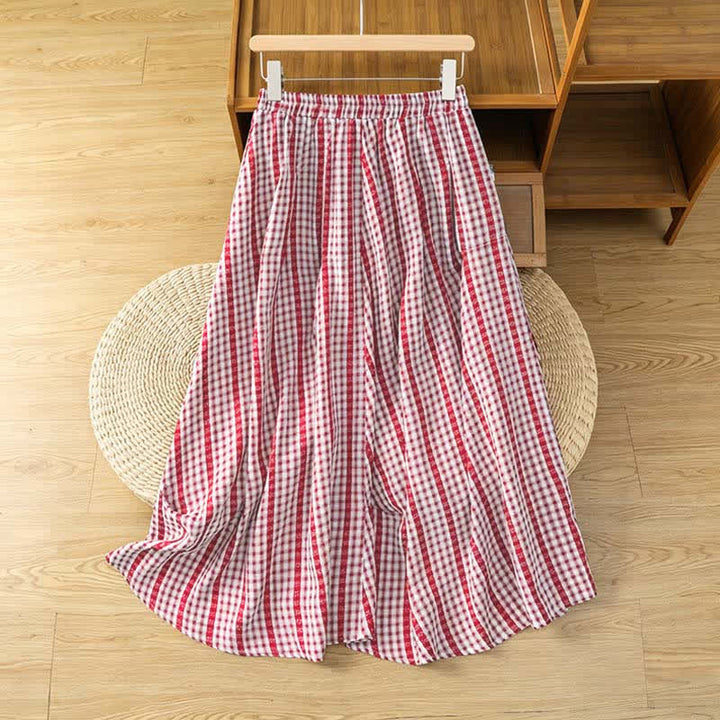 Buddha Stones Summer Casual Vintage vertical Plaid A-line Women's Skirts With Pocket - LightCoral - US8-10, UK/AU12-14, EU40-42 (2XL) - image 10