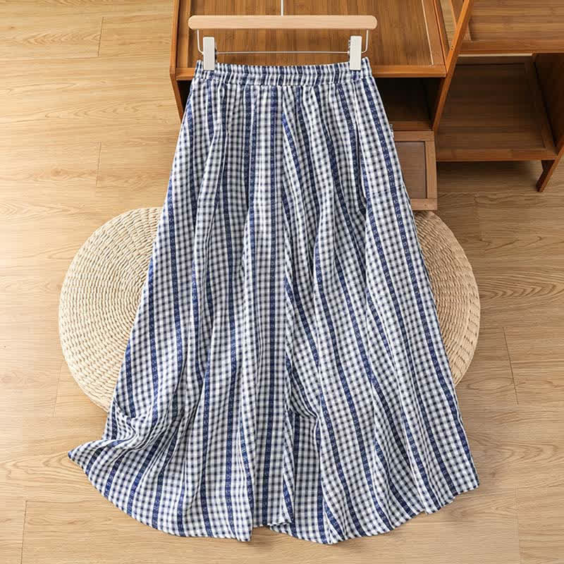 Buddha Stones Summer Casual Vintage vertical Plaid A-line Women's Skirts With Pocket - LightSteelBlue - US8-10, UK/AU12-14, EU40-42 (2XL) - image 0