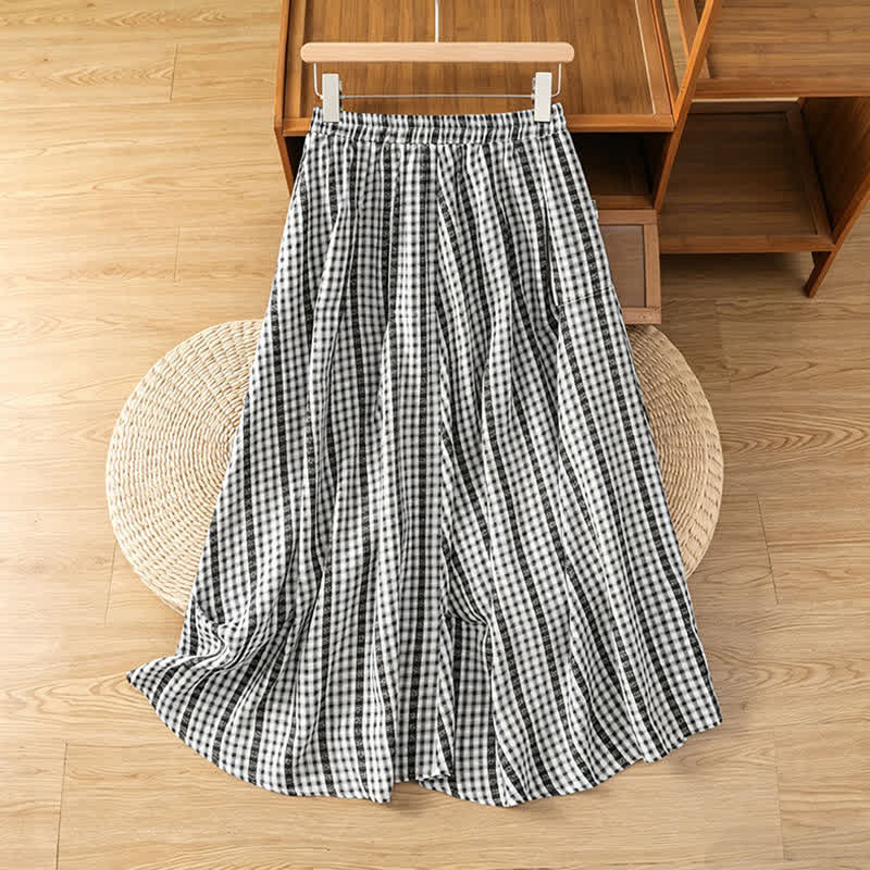Buddha Stones Summer Casual Vintage vertical Plaid A-line Women's Skirts With Pocket - Black - US8-10, UK/AU12-14, EU40-42 (2XL) - image 9