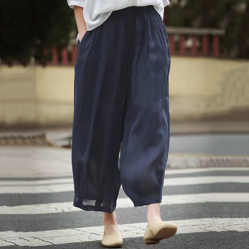 Buddha Stones Summer Casual Boho Drawstring Solid Capri Pants Women's Wide Leg Pants With Pockets - image 15