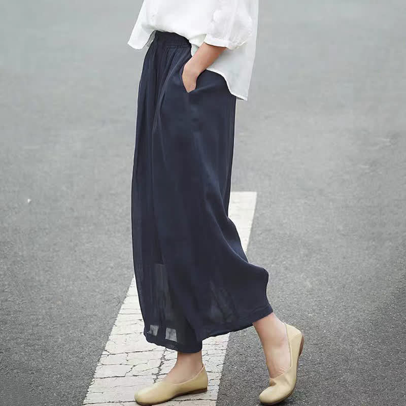 Buddha Stones Summer Casual Boho Drawstring Solid Capri Pants Women's Wide Leg Pants With Pockets - image 17