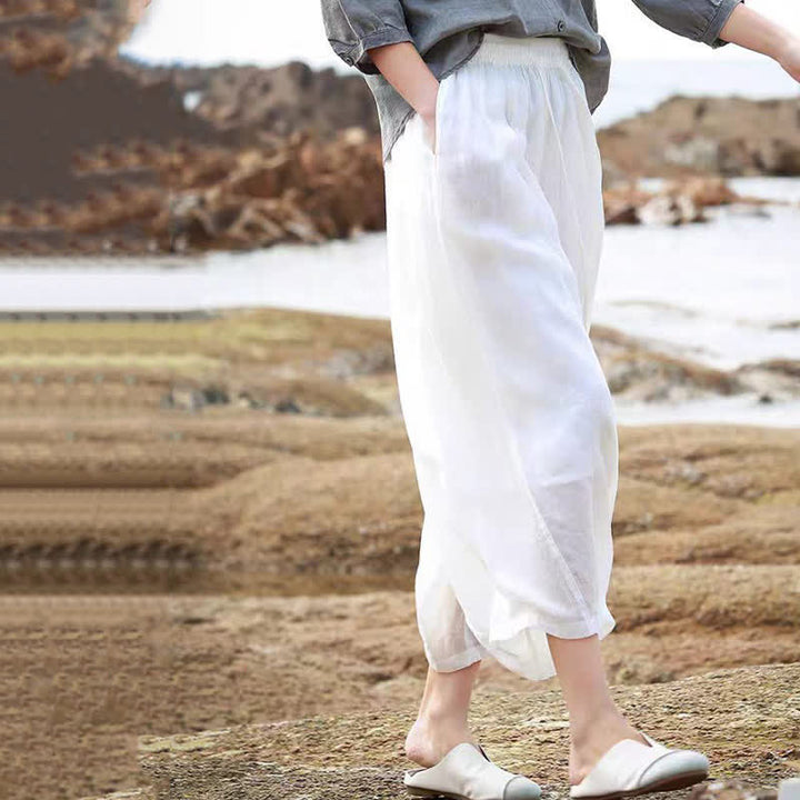 Buddha Stones Summer Casual Boho Drawstring Solid Capri Pants Women's Wide Leg Pants With Pockets - image 53
