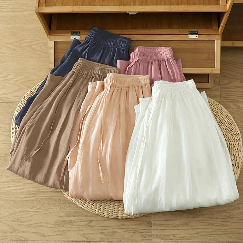 Buddha Stones Summer Casual Boho Drawstring Solid Capri Pants Women's Wide Leg Pants With Pockets - image 55