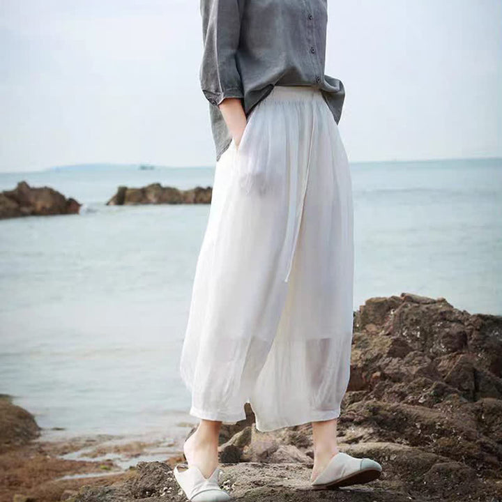 Buddha Stones Summer Casual Boho Drawstring Solid Capri Pants Women's Wide Leg Pants With Pockets - image 52