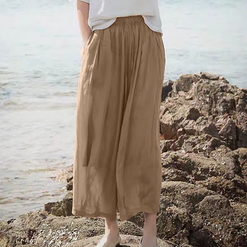 Buddha Stones Summer Casual Boho Drawstring Solid Capri Pants Women's Wide Leg Pants With Pockets - image 5