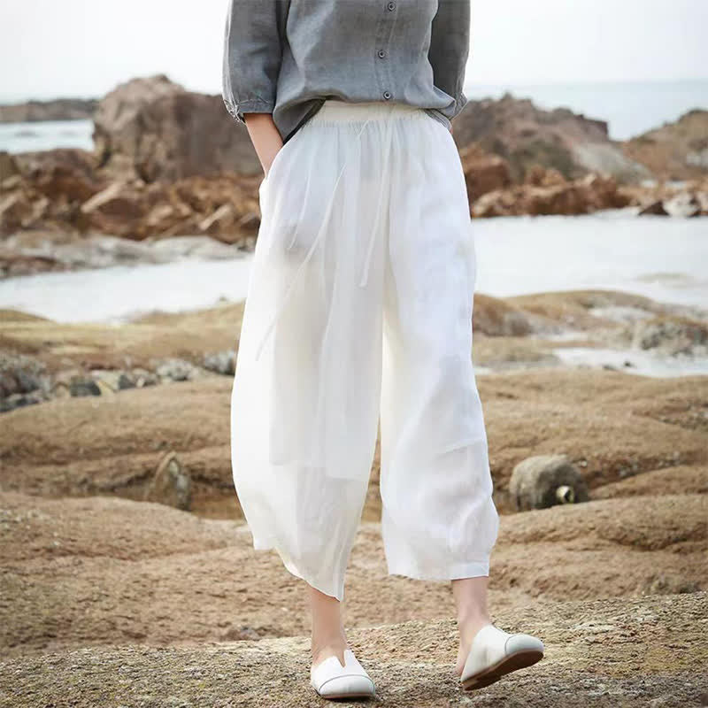 Buddha Stones Summer Casual Boho Drawstring Solid Capri Pants Women's Wide Leg Pants With Pockets - image 51