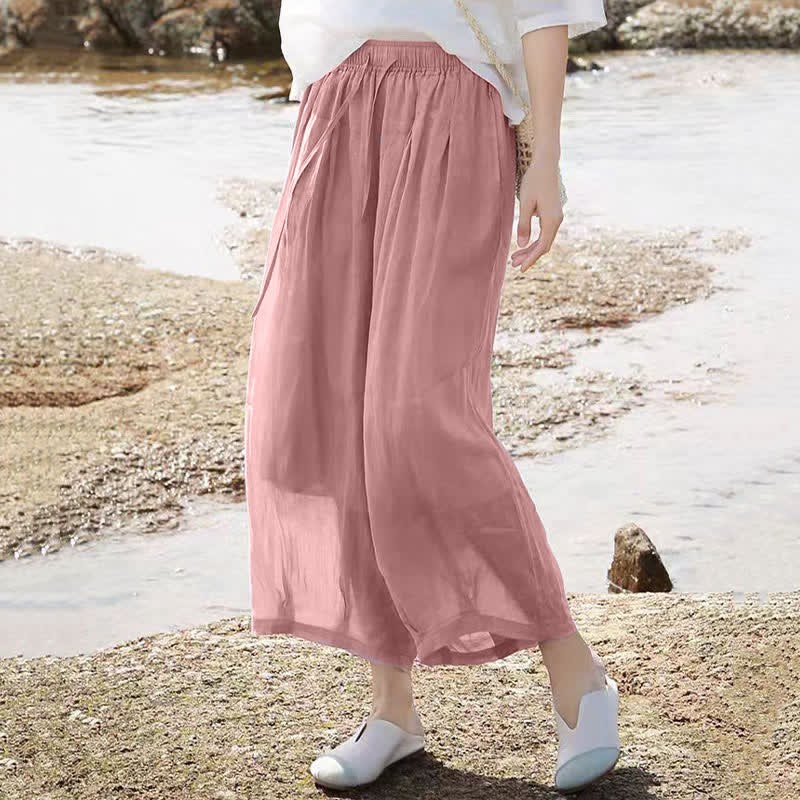 Buddha Stones Summer Casual Boho Drawstring Solid Capri Pants Women's Wide Leg Pants With Pockets - image 33