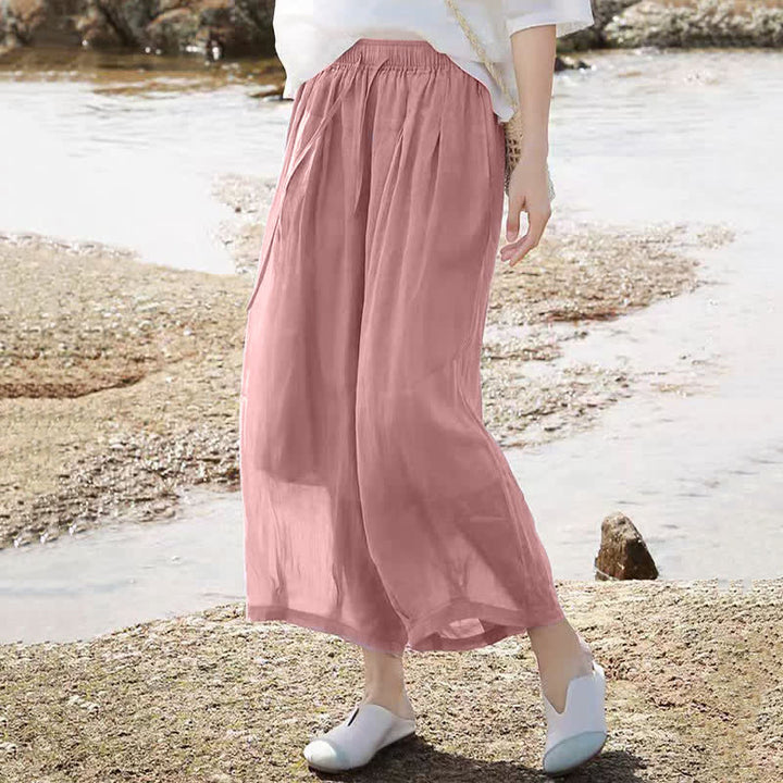 Buddha Stones Summer Casual Boho Drawstring Solid Capri Pants Women's Wide Leg Pants With Pockets - image 33