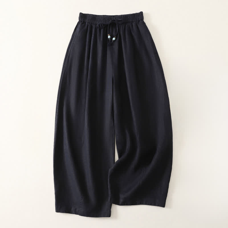 Buddha Stones Summer Casual Minimalist Drawstring Solid Cropped Pants Women's Wide Leg Pants With Pockets - MidnightBlue - US8-10, UK/AU12-14, EU40-42 (2XL) - image 4