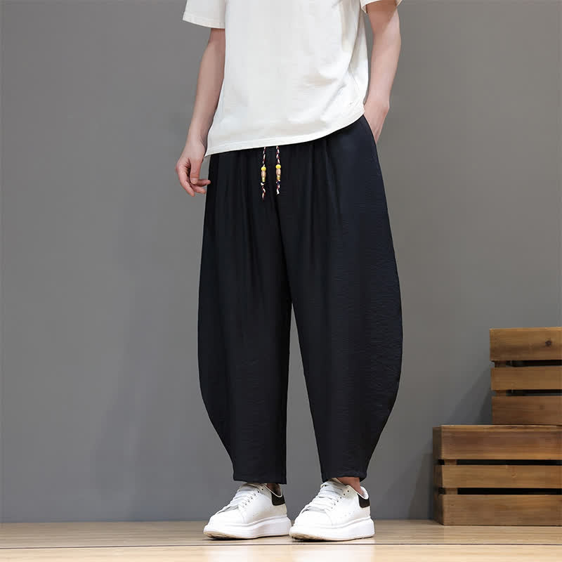 Buddha Stones Summer Casual Minimalist Drawstring Solid Cropped Pants Men's Harem Pants With Pocket - Black - US/UK/AU46, EU56 (5XL) - image 10