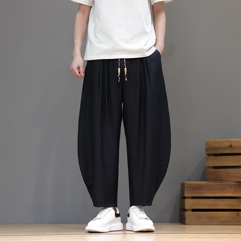 Buddha Stones Summer Casual Minimalist Drawstring Solid Cropped Pants Men's Harem Pants With Pocket - image 19
