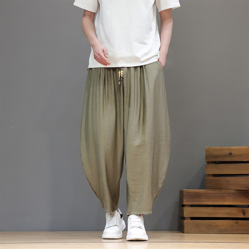 Buddha Stones Summer Casual Minimalist Drawstring Solid Cropped Pants Men's Harem Pants With Pocket - image 27