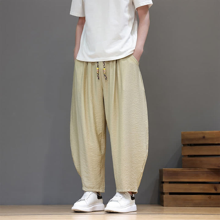 Buddha Stones Summer Casual Minimalist Drawstring Solid Cropped Pants Men's Harem Pants With Pocket - Khaki - US/UK/AU46, EU56 (5XL) - image 30