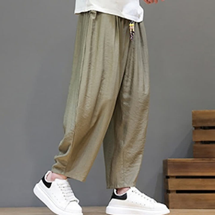 Buddha Stones Summer Casual Minimalist Drawstring Solid Cropped Pants Men's Harem Pants With Pocket - image 25