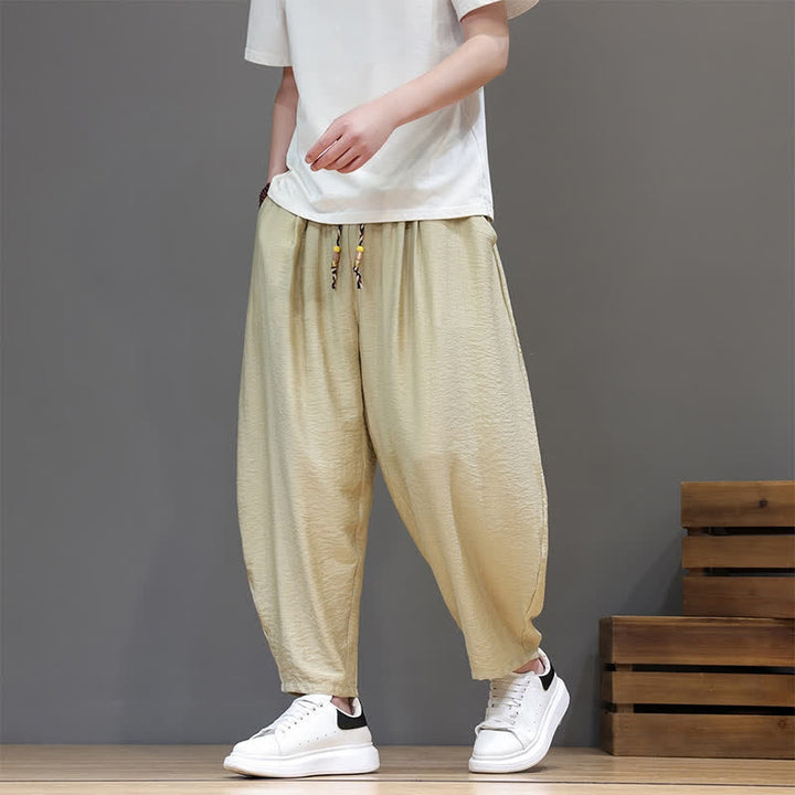 Buddha Stones Summer Casual Minimalist Drawstring Solid Cropped Pants Men's Harem Pants With Pocket - image 31
