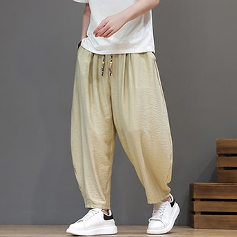 Buddha Stones Summer Casual Minimalist Drawstring Solid Cropped Pants Men's Harem Pants With Pocket - image 34