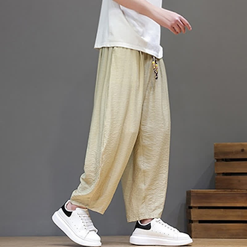 Buddha Stones Summer Casual Minimalist Drawstring Solid Cropped Pants Men's Harem Pants With Pocket - image 33