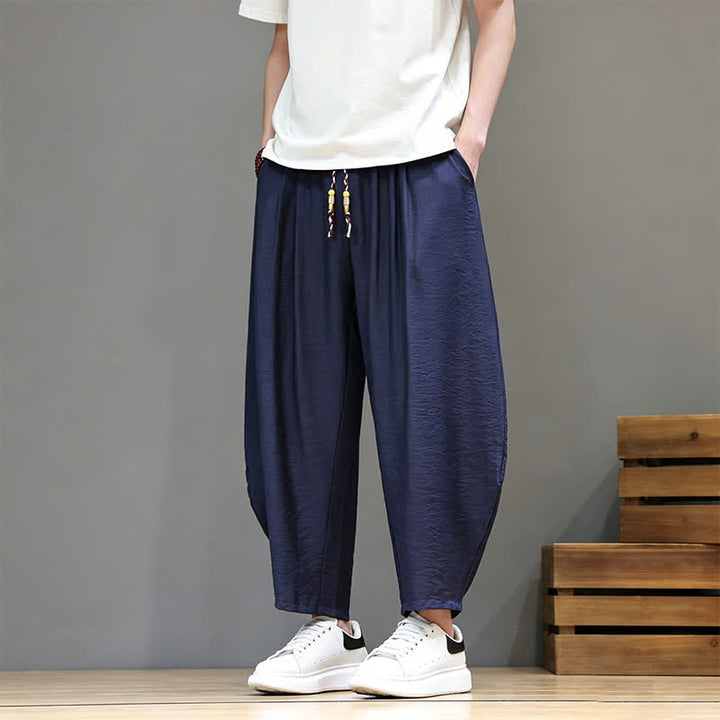 Buddha Stones Summer Casual Minimalist Drawstring Solid Cropped Pants Men's Harem Pants With Pocket - Navy - US/UK/AU46, EU56 (5XL) - image 0
