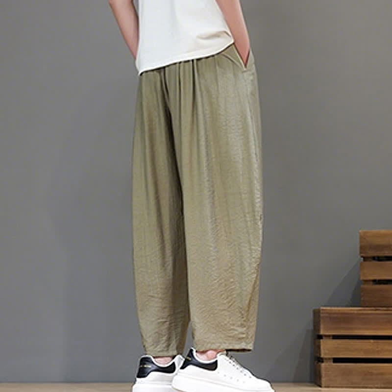 Buddha Stones Summer Casual Minimalist Drawstring Solid Cropped Pants Men's Harem Pants With Pocket - image 26