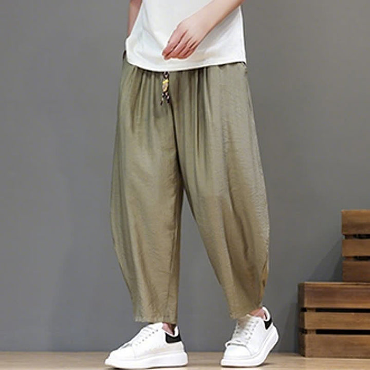 Buddha Stones Summer Casual Minimalist Drawstring Solid Cropped Pants Men's Harem Pants With Pocket - image 27
