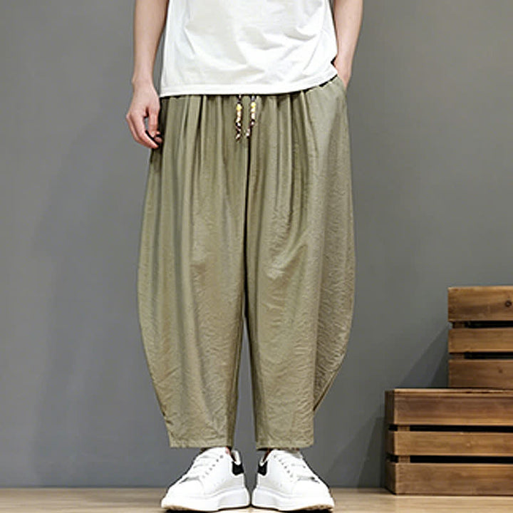 Buddha Stones Summer Casual Minimalist Drawstring Solid Cropped Pants Men's Harem Pants With Pocket - image 23