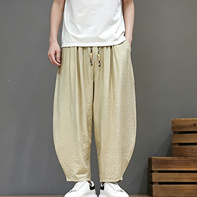 Buddha Stones Summer Casual Minimalist Drawstring Solid Cropped Pants Men's Harem Pants With Pocket - image 36