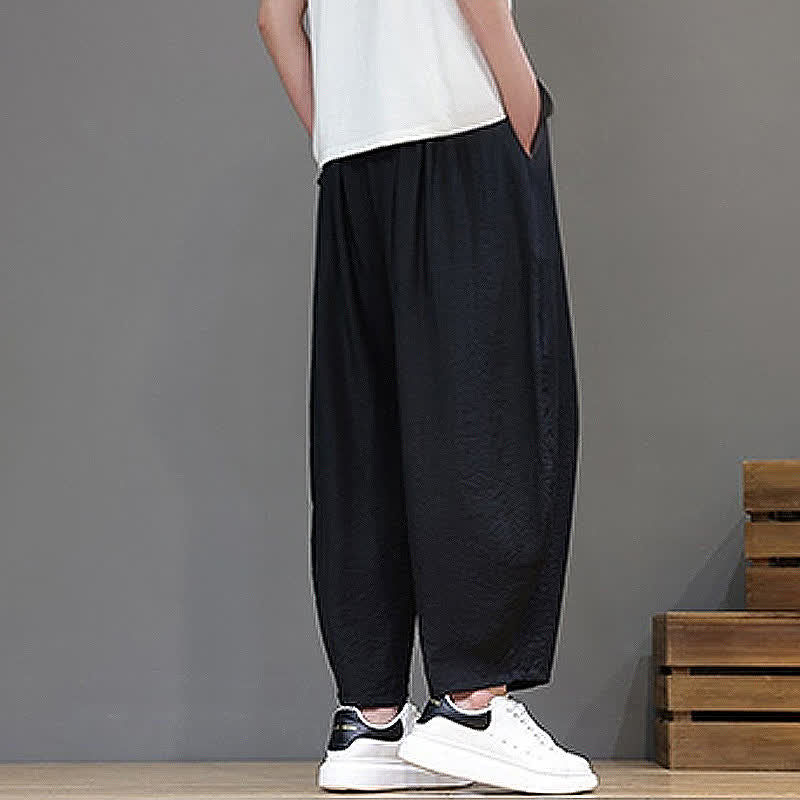 Buddha Stones Summer Casual Minimalist Drawstring Solid Cropped Pants Men's Harem Pants With Pocket - image 17