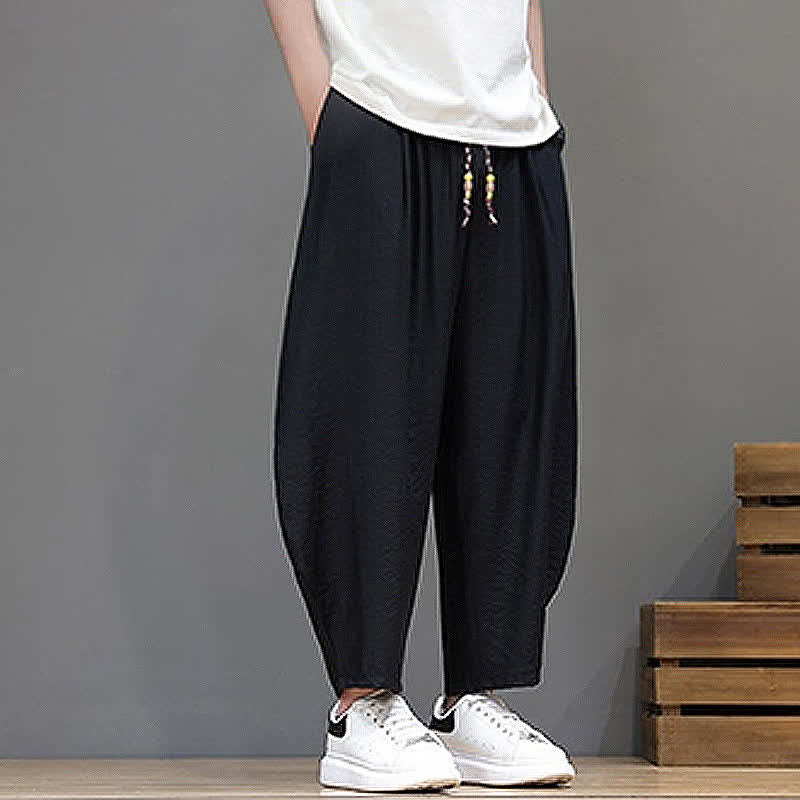 Buddha Stones Summer Casual Minimalist Drawstring Solid Cropped Pants Men's Harem Pants With Pocket - image 10
