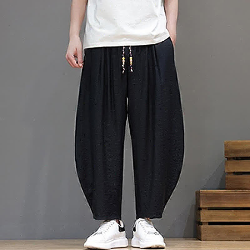 Buddha Stones Summer Casual Minimalist Drawstring Solid Cropped Pants Men's Harem Pants With Pocket - image 13