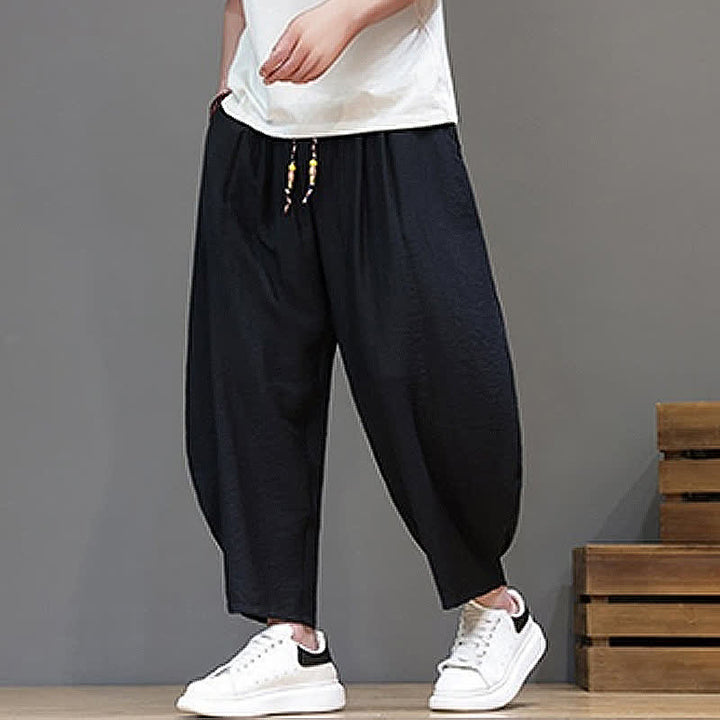 Buddha Stones Summer Casual Minimalist Drawstring Solid Cropped Pants Men's Harem Pants With Pocket - image 11