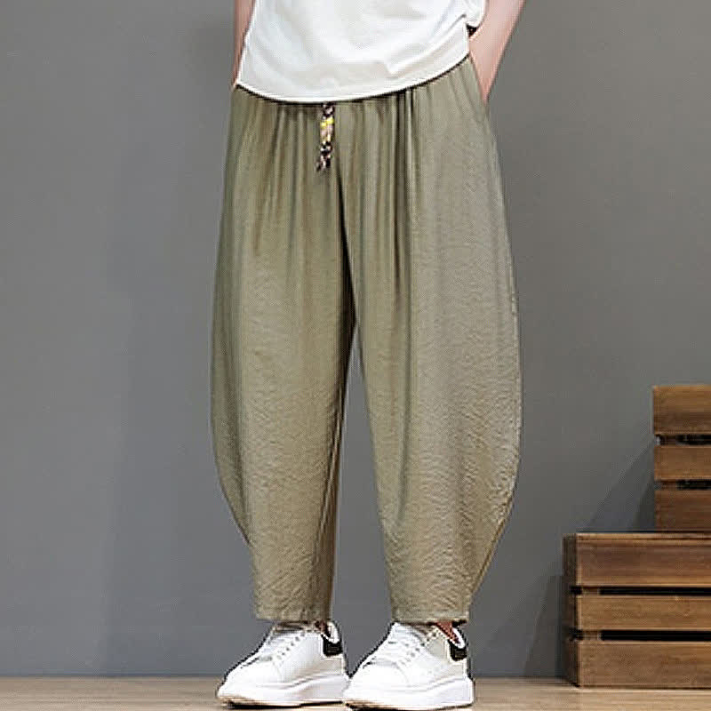 Buddha Stones Summer Casual Minimalist Drawstring Solid Cropped Pants Men's Harem Pants With Pocket - image 19