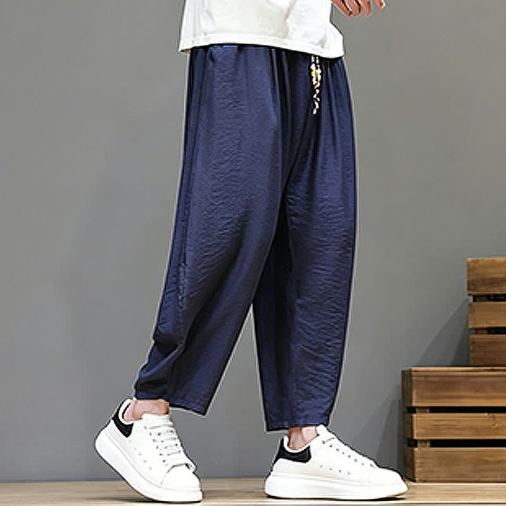 Buddha Stones Summer Casual Minimalist Drawstring Solid Cropped Pants Men's Harem Pants With Pocket - image 4