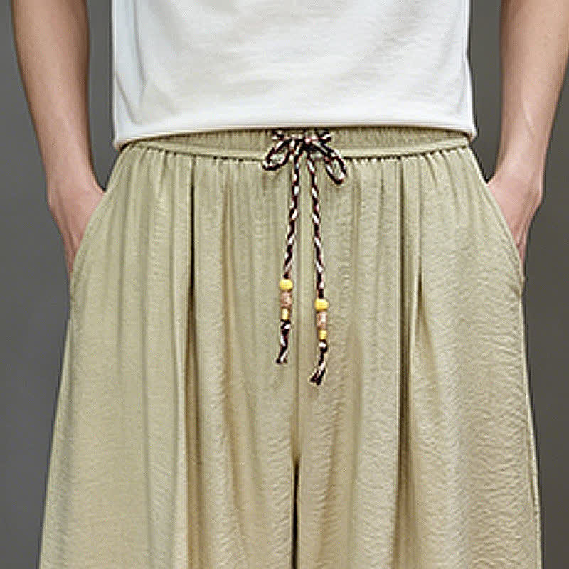 Buddha Stones Summer Casual Minimalist Drawstring Solid Cropped Pants Men's Harem Pants With Pocket - image 42