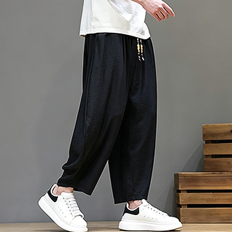 Buddha Stones Summer Casual Minimalist Drawstring Solid Cropped Pants Men's Harem Pants With Pocket - image 18