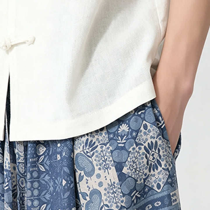 Buddha Stones Summer Boho Casual Drawstring Floral Capri Pants Men's Wide Leg Pants With Pocket - image 11